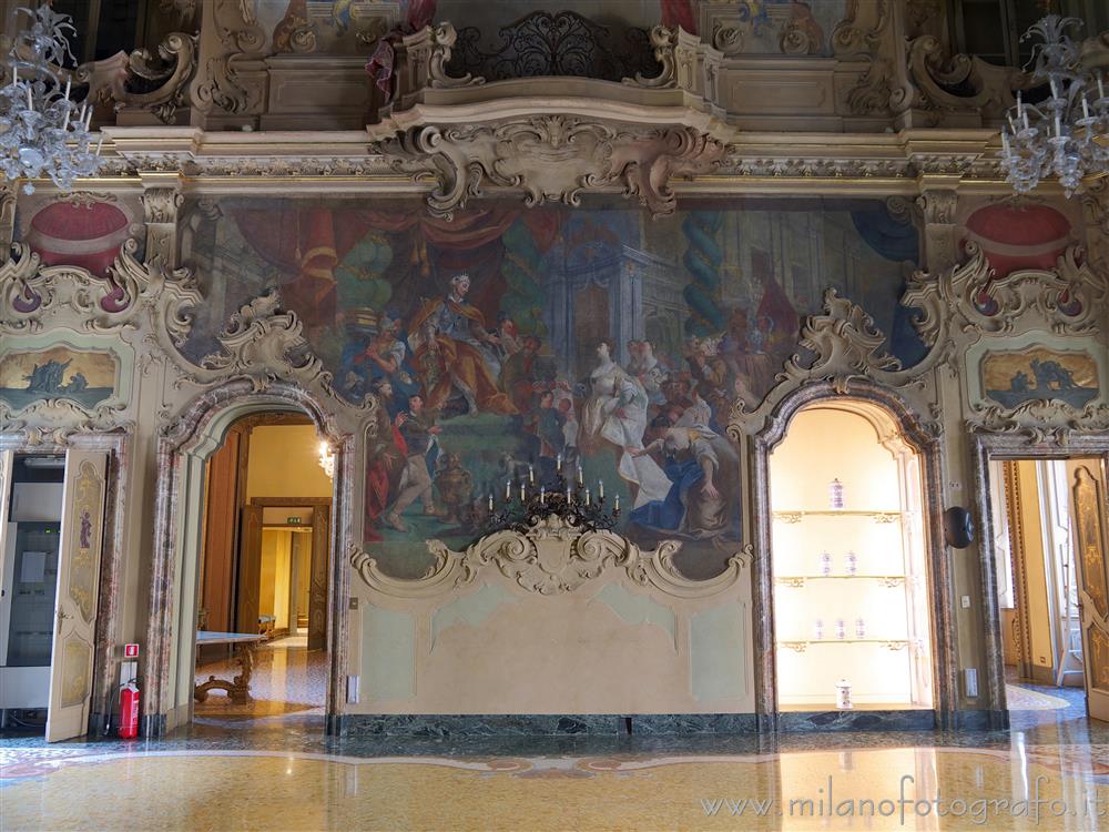 Milan (Italy) - Wall of the hall of Visconti Palace with the representation of Solomon and the Queen of Sheba